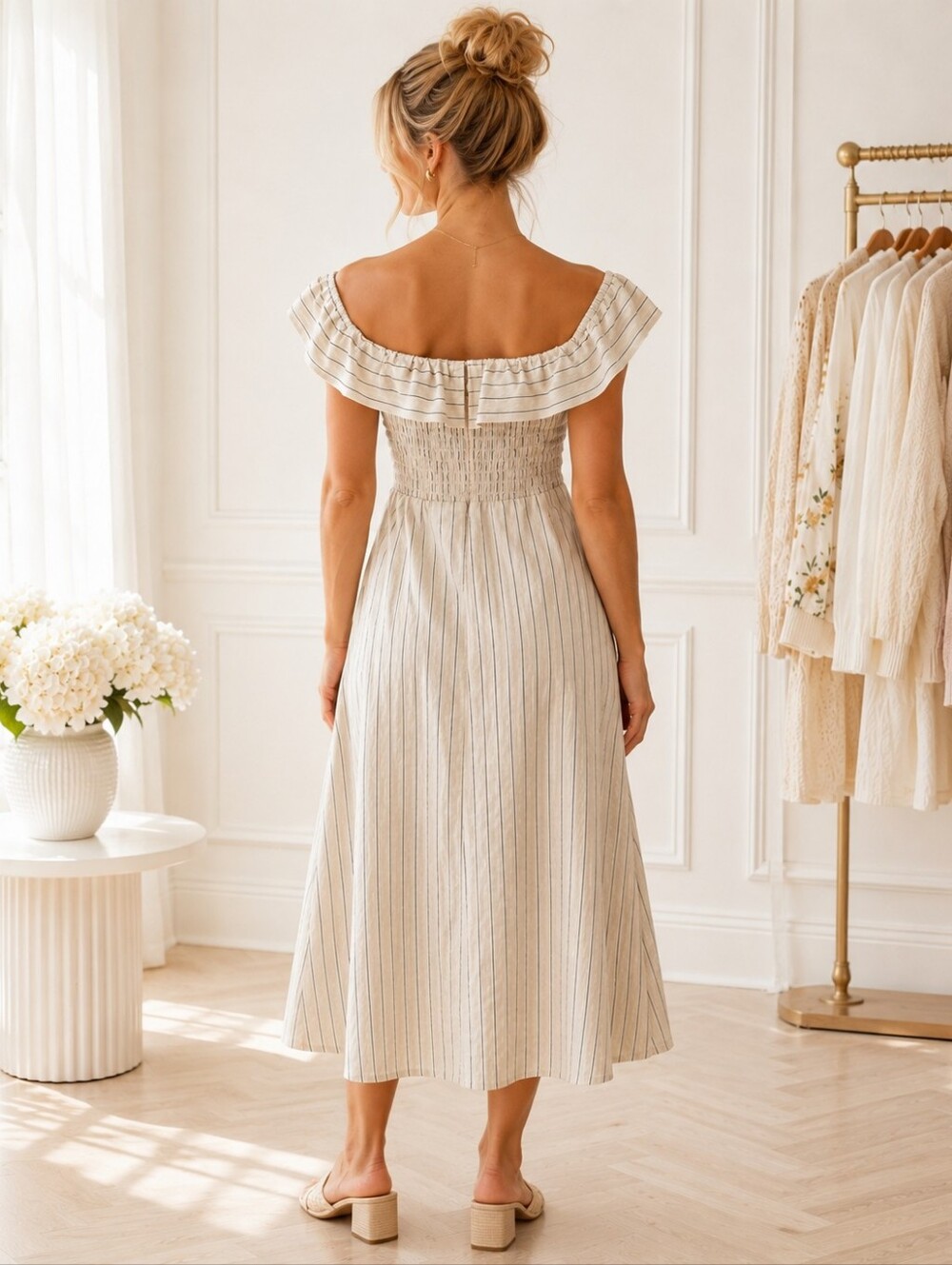 NWT Ann Taylor Navy Pinstripe Midi Dress Size 4|Off-Shoulder Ruffle Fit & Flare - Picture 2 of 9